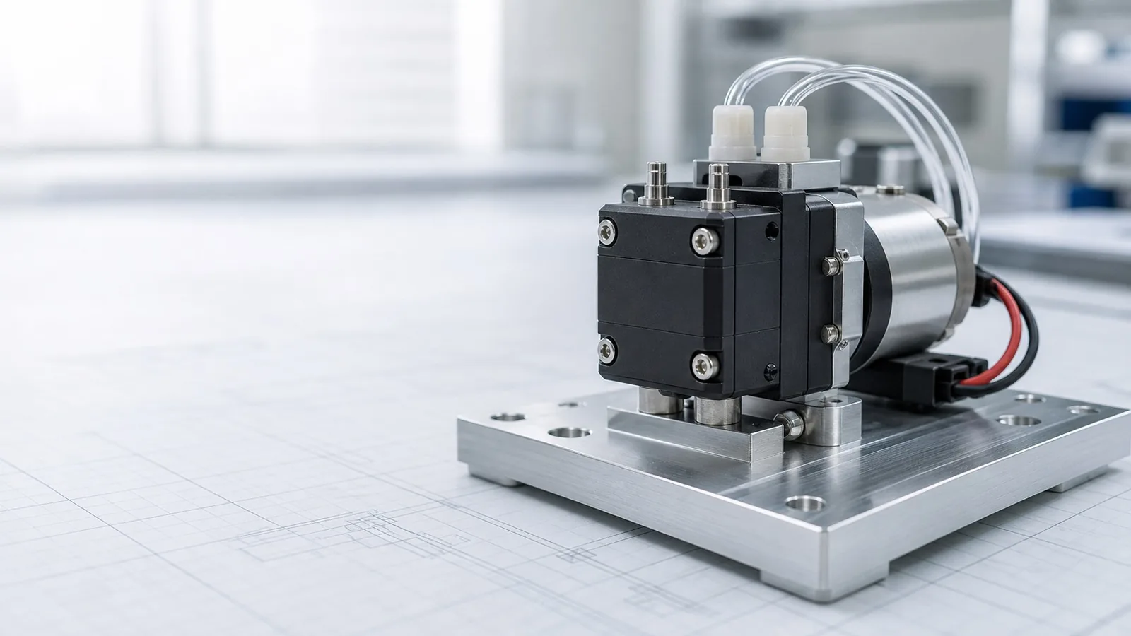 Miniature pump mounted on an engineering test plate