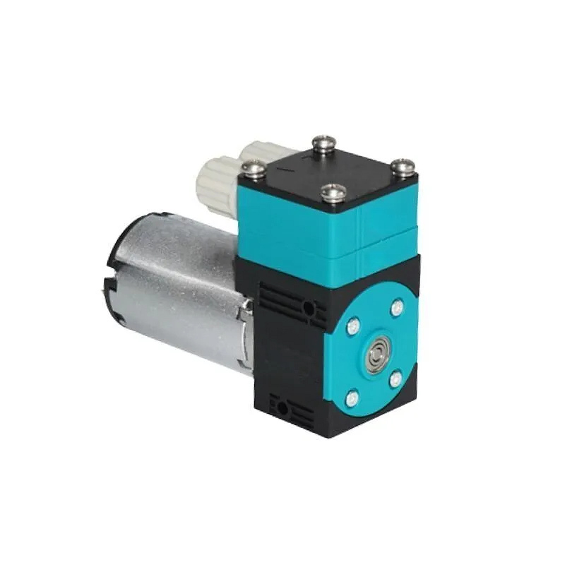 micro liquid pump OD-05TF600W angled view showing diaphragm pump structure and port details