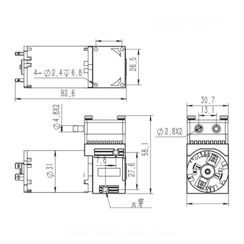 OD-05TF600W diaphragm pump engineering drawing showing full dimensions for OEM design integration