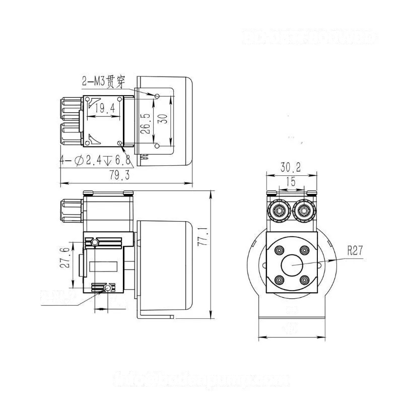 OD-05TF800WBD 12V liquid pump dimensional drawing with mounting hole layout