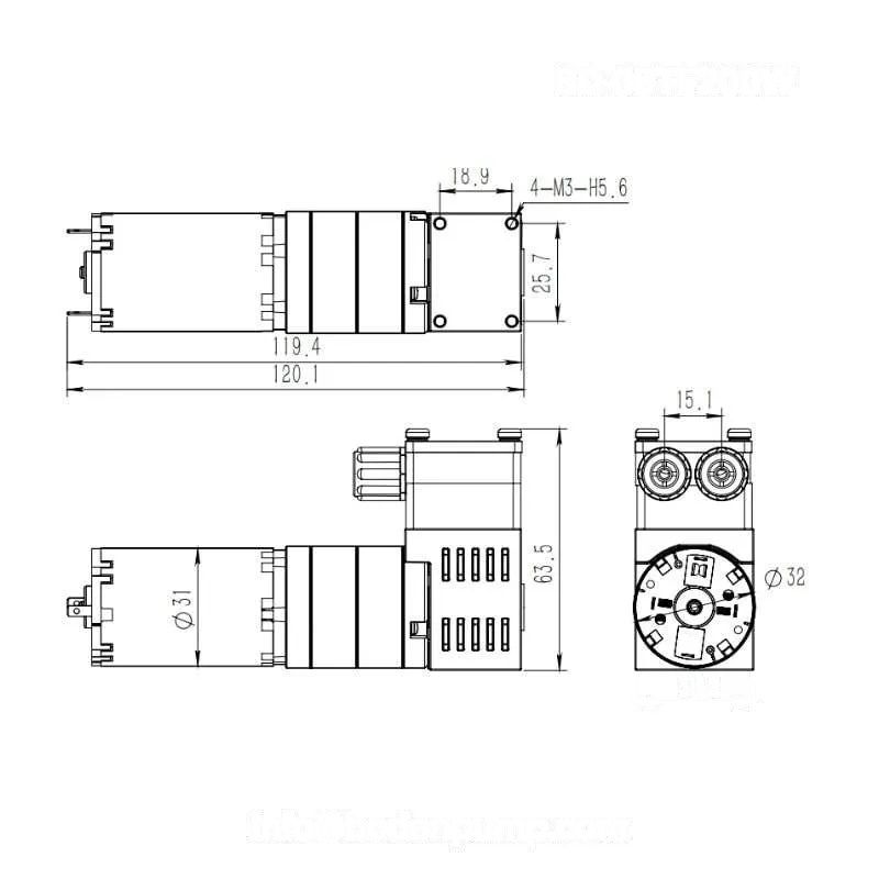 OD-05TF200W diaphragm liquid pump design blueprint with full length specifications