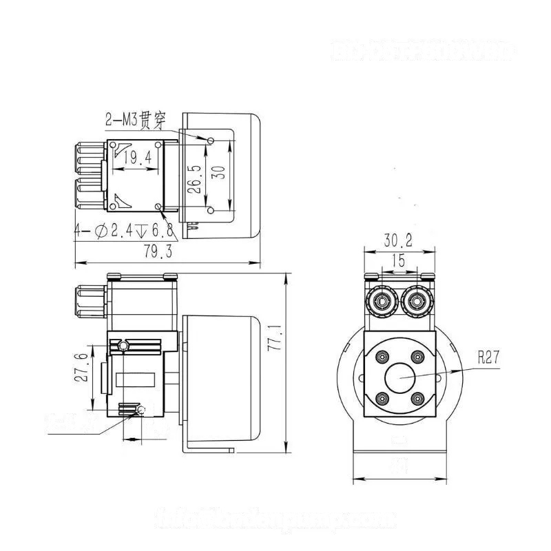 OD-05TF600WBD micro liquid pump dimension drawing with mounting hole and port layout details
