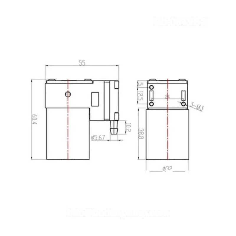 OD-05TVB-S pump dimensional drawing with measurements, compact micro diaphragm pump 12V/24V