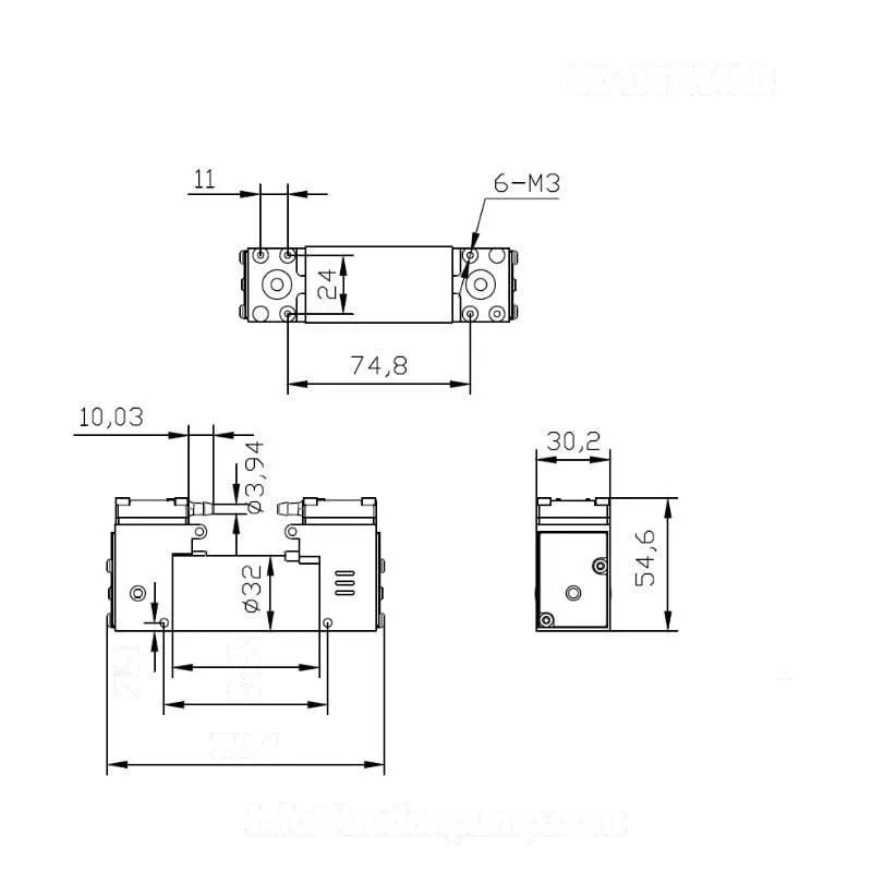 Dimensions and mounting drawing of brushless double-head piston compressor - OD-05TR4LB