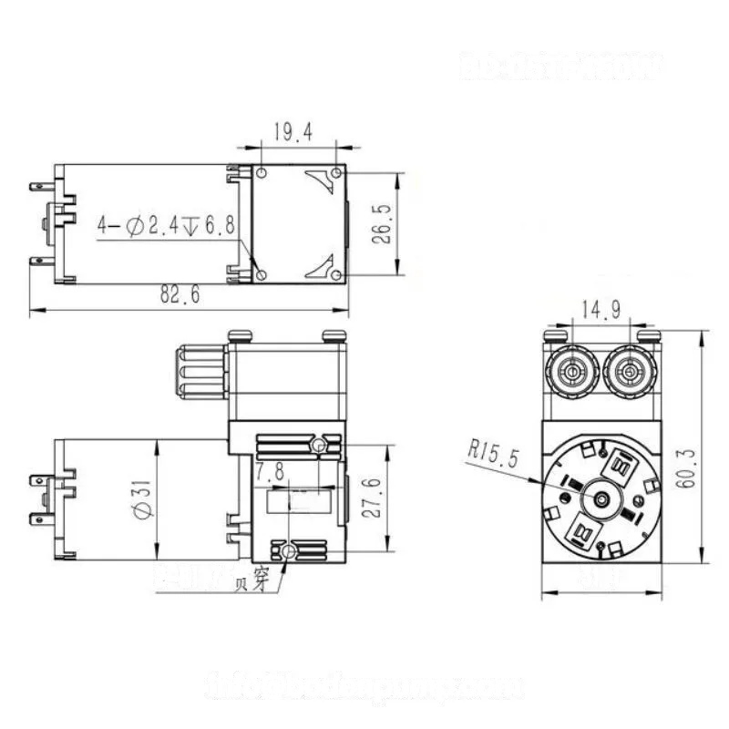 OD-05T450W diaphragm pump technical drawing with full dimensions for OEM integration
