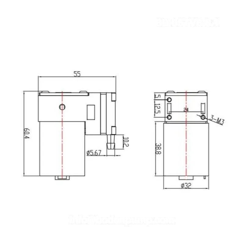 Technical drawing of OD-05TVB-S.1 DC air pump with dimensions