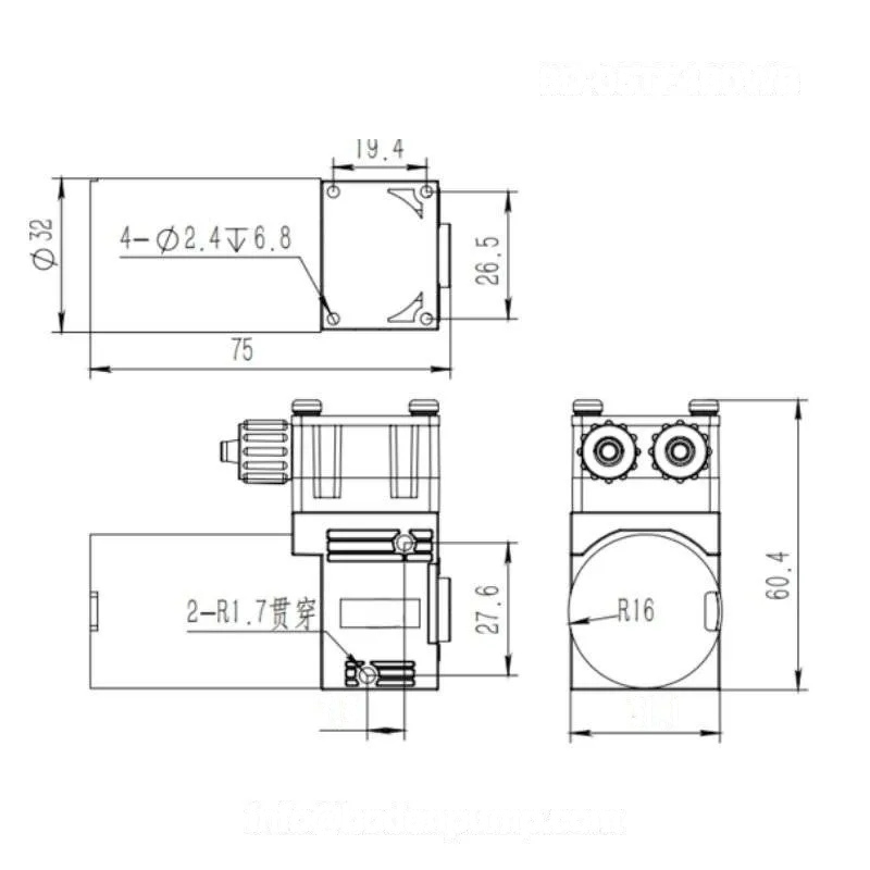 OD-05TF480WB DC liquid pump technical drawing with detailed dimensions and installation size