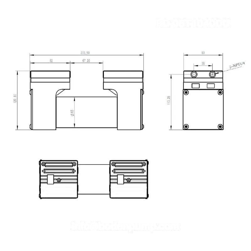 OD-05T1040DU double head air pump dimensions - 231×81×120 mm