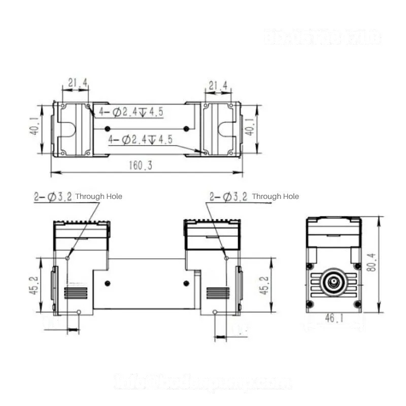OD-05T0617LB double head air pump dimension drawing with mounting holes, pump head layout, and overall size