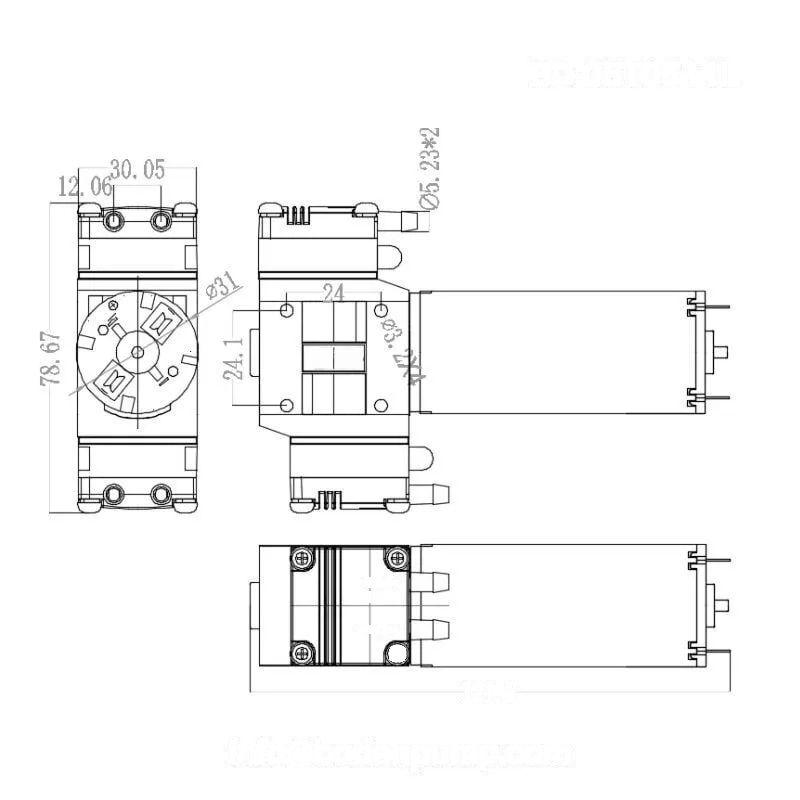 OD-05T0511L micro air pump dimension drawing with port layout, motor length, and mounting hole reference