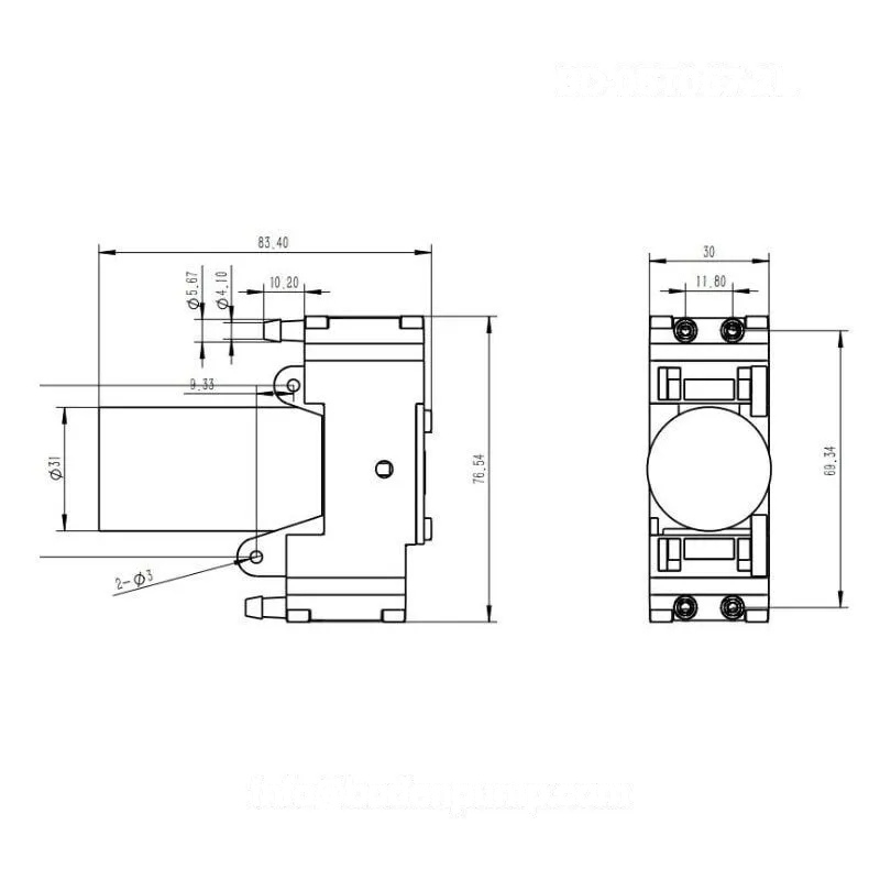 Dimensional drawing of OD-05T057.2L miniature vacuum pump 80x31x76mm