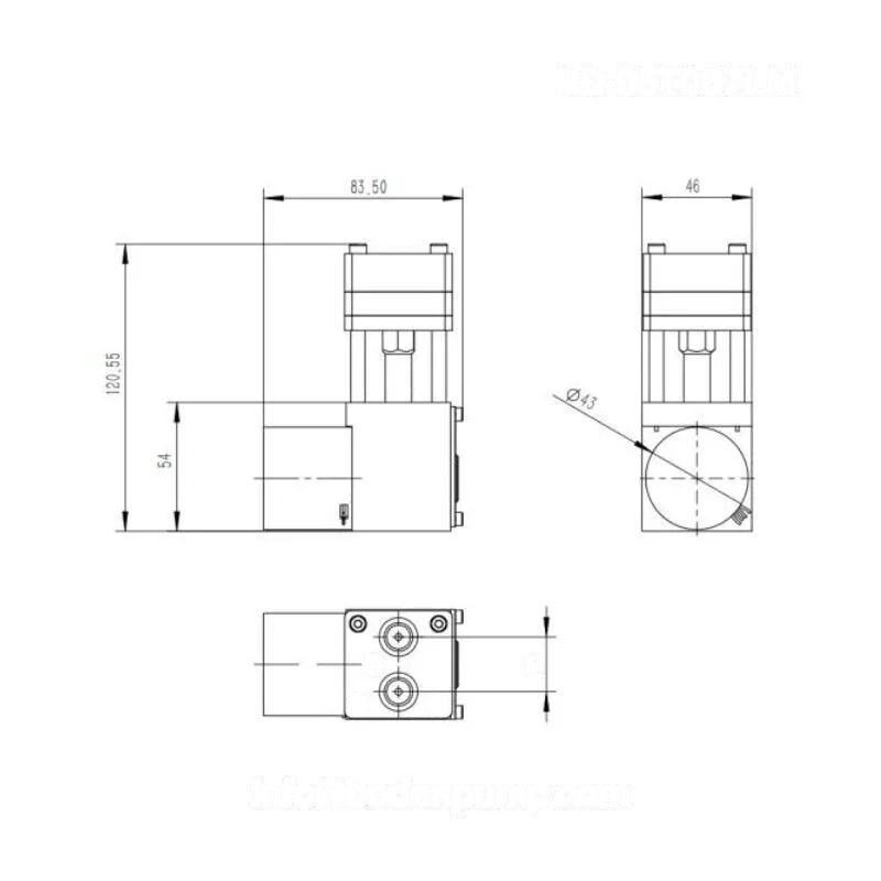 Dimension drawing of OD-05T067LM brushless vacuum pump showing detailed measurements in millimeters