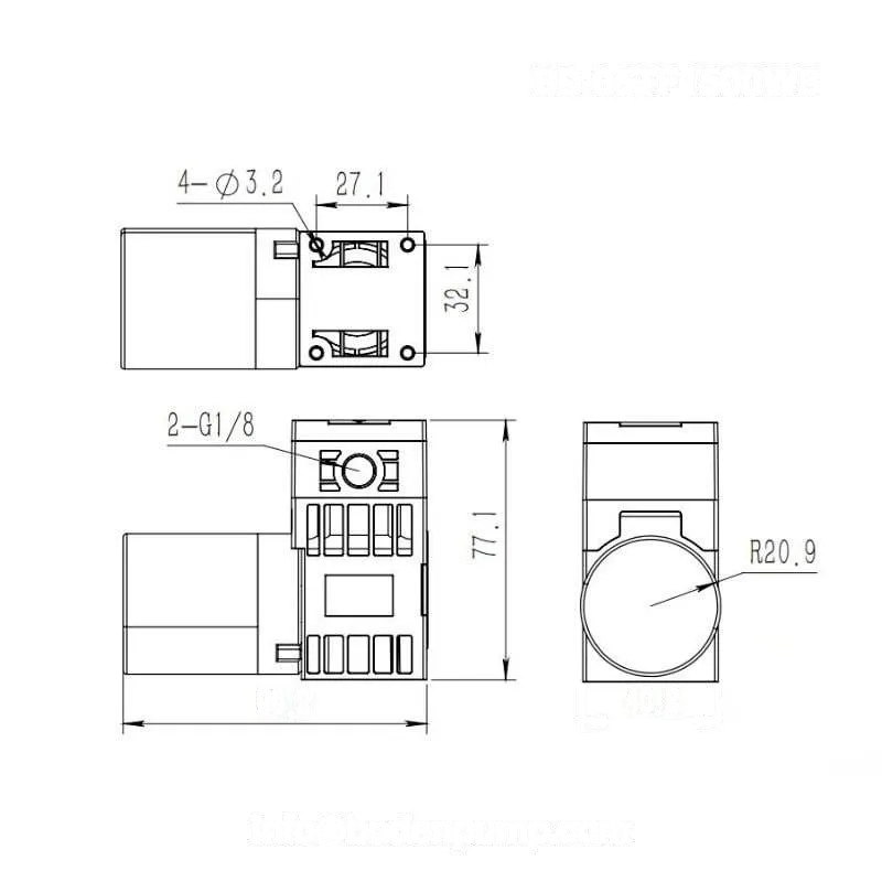 OD-05TF1500WB 12V liquid pump dimension drawing with port size, mounting holes, and overall structure