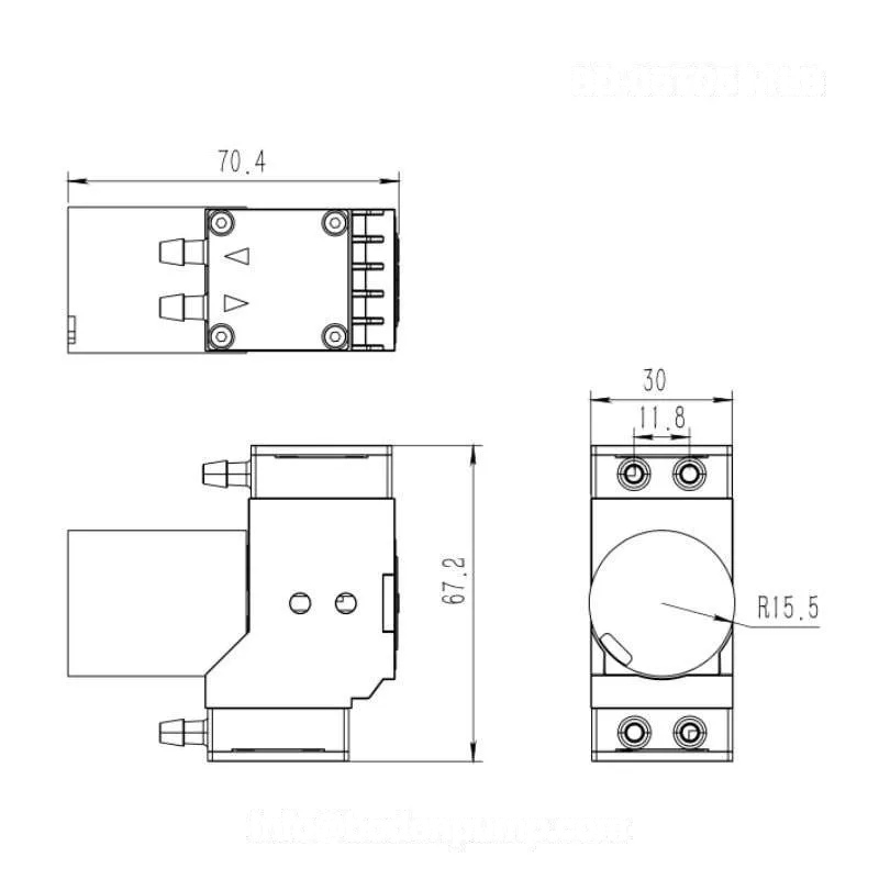 OD-05T0511LB micro air pump dimension drawing with port layout, body size, and mounting reference