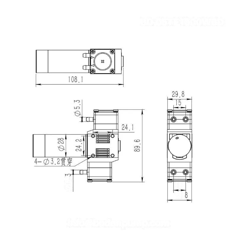 OD-05TF1500WBD 12V liquid pump dimension drawing with mounting holes, port layout, and overall size