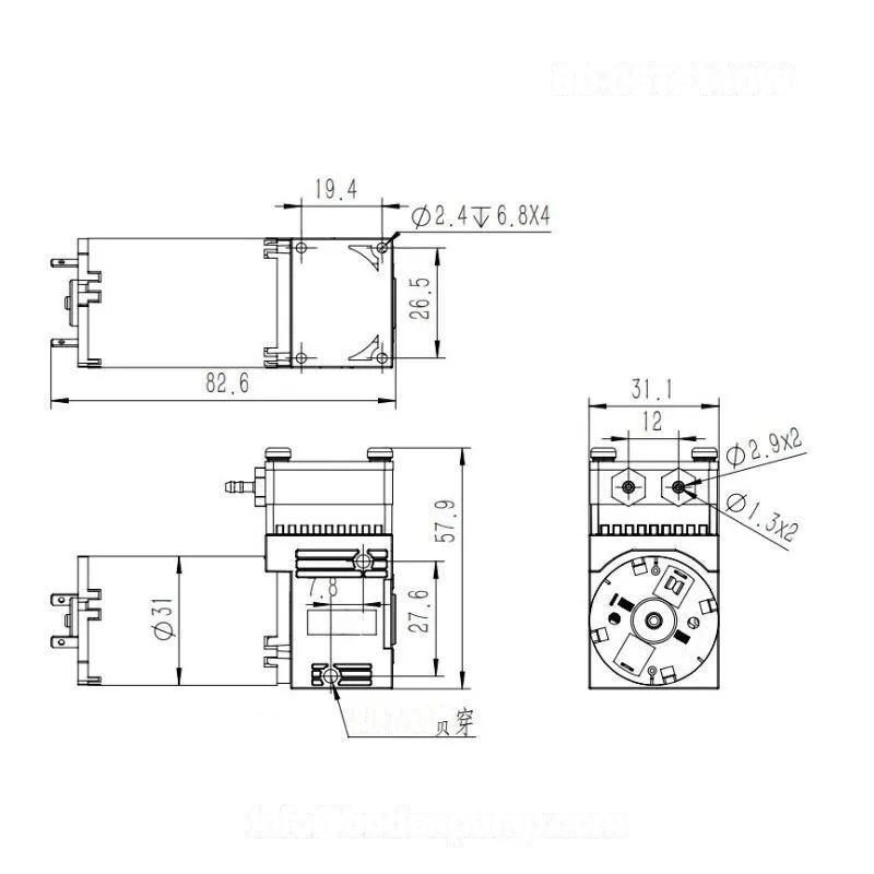 Miniature liquid pump dimensional drawing with detailed size specifications OD-05TF110W