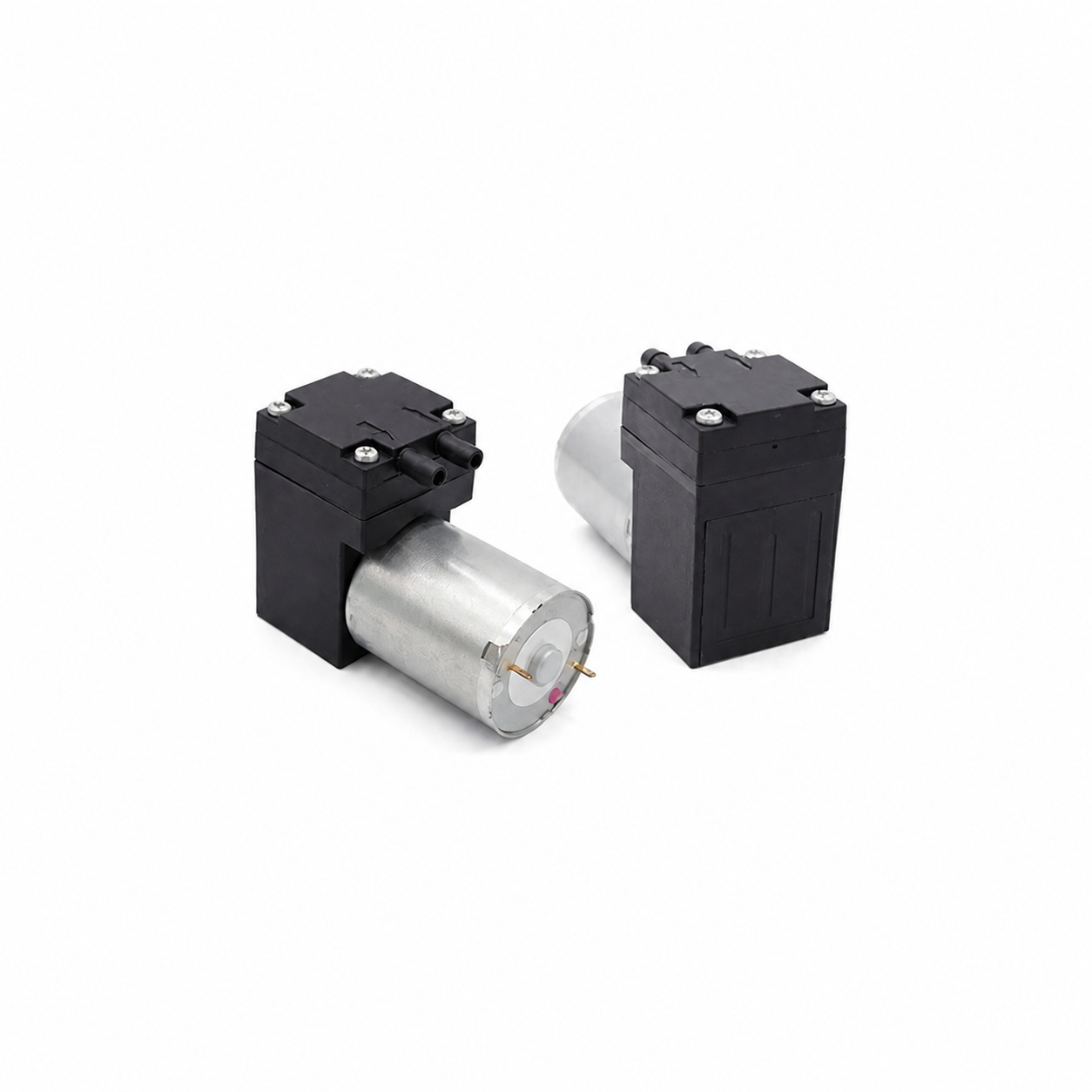 OD-02A and OD-02V miniature brushed diaphragm pumps on a white background
