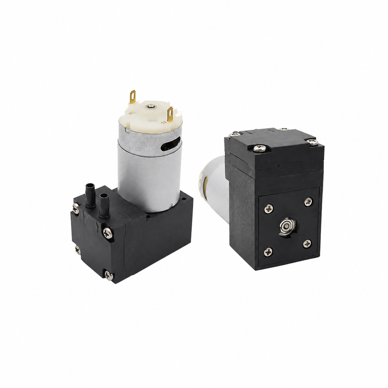 OD-03A and OD-03V miniature diaphragm pumps on a white background