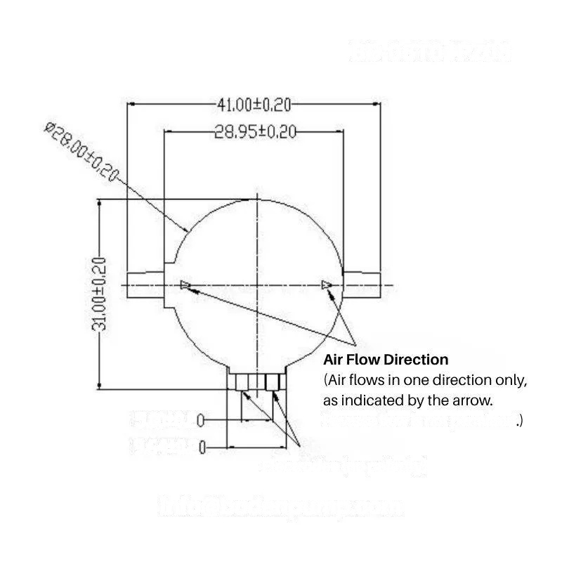 OD-05T01PZ08 piezo micro pump dimension drawing with fixed airflow direction and non-polarized electrodes