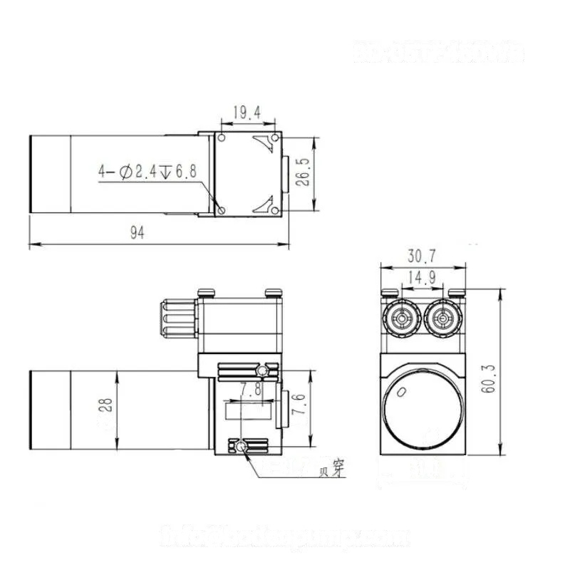 Clean CAD drawing of OEM micro liquid pump without installation notes showing full dimensional layout OD-05T450WB