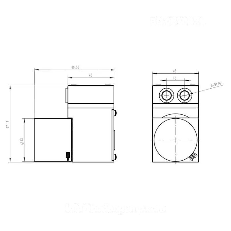 Dimensional drawing of OD-05T067L diaphragm gas pump in millimeters