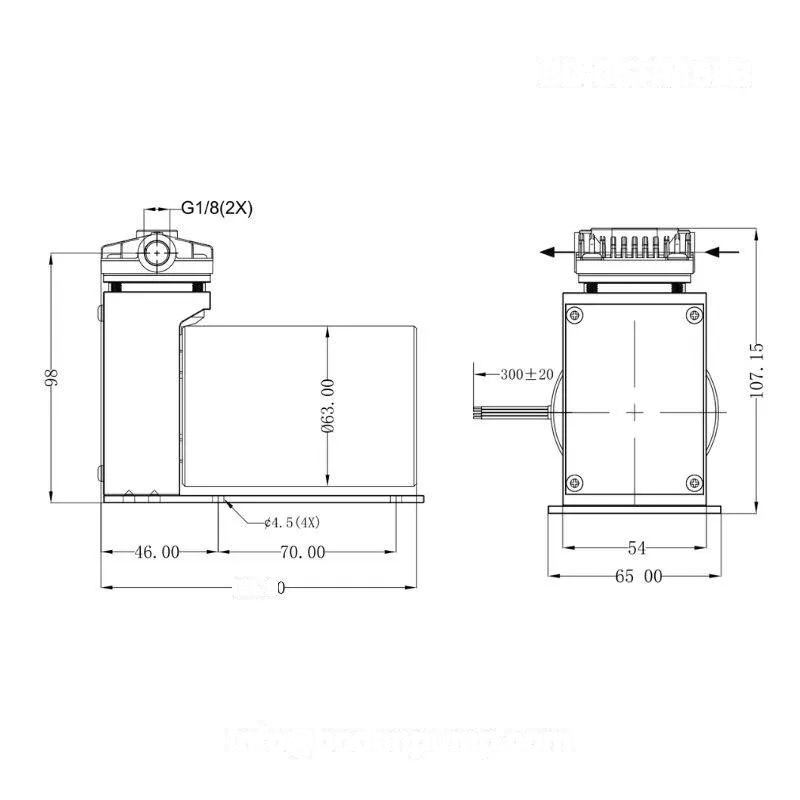 OD-05TR15LB swing piston compressor dimension drawing with air port, mounting base, and overall size