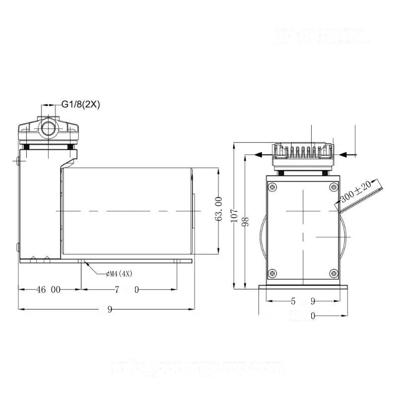 OD-05TR15L swing piston gas pump dimension drawing with mounting base, air port, and overall size