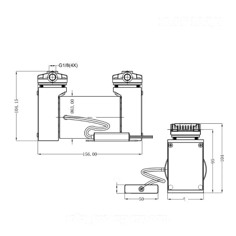 OD-05TR30LB dual-head swing piston compressor dimension drawing with air ports, motor body, and mounting layout